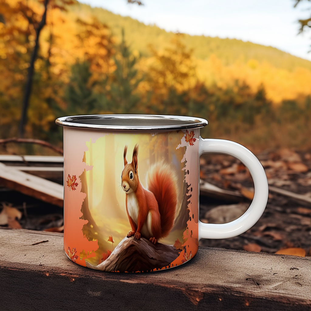 Tasse en émail, Écureuil d’automne