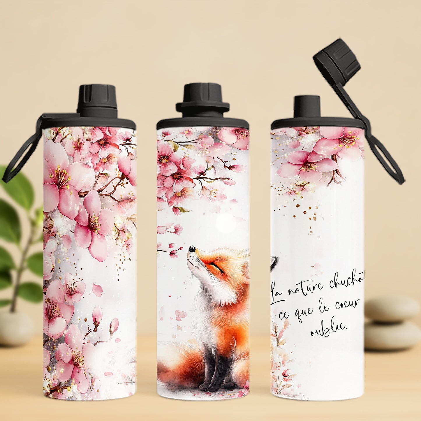 bouteille isotherme 20 oz, renard et fleur