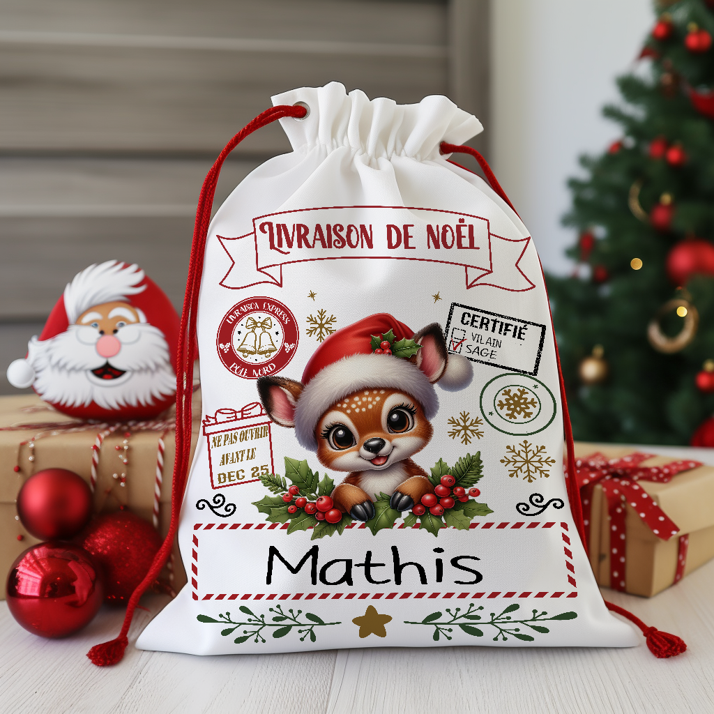 sac père noël, renne, hotte, cadeaux