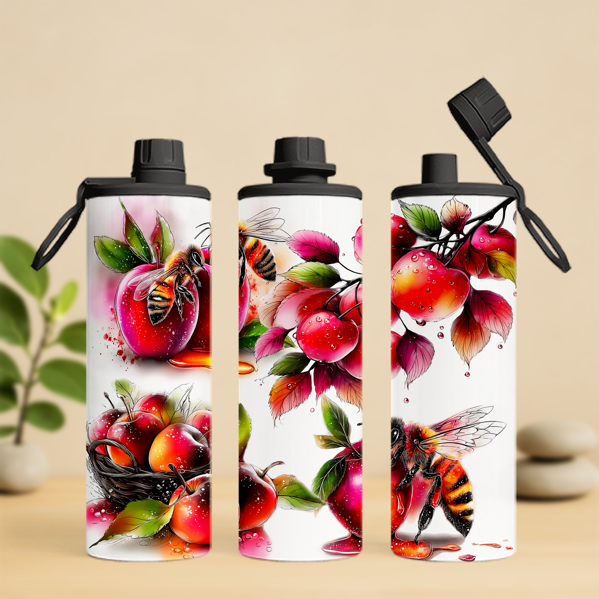 bouteille isotherme 20 oz, abeilles et pommes, automne