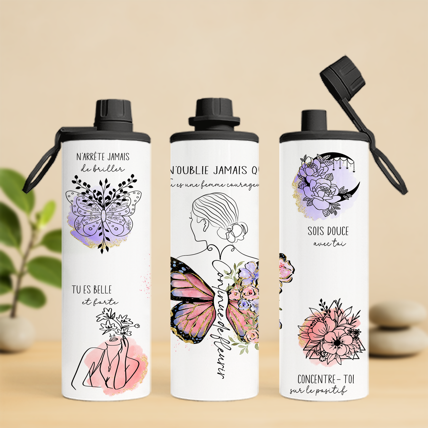 Bouteille isotherme 20 oz , féminine , affirmation positive