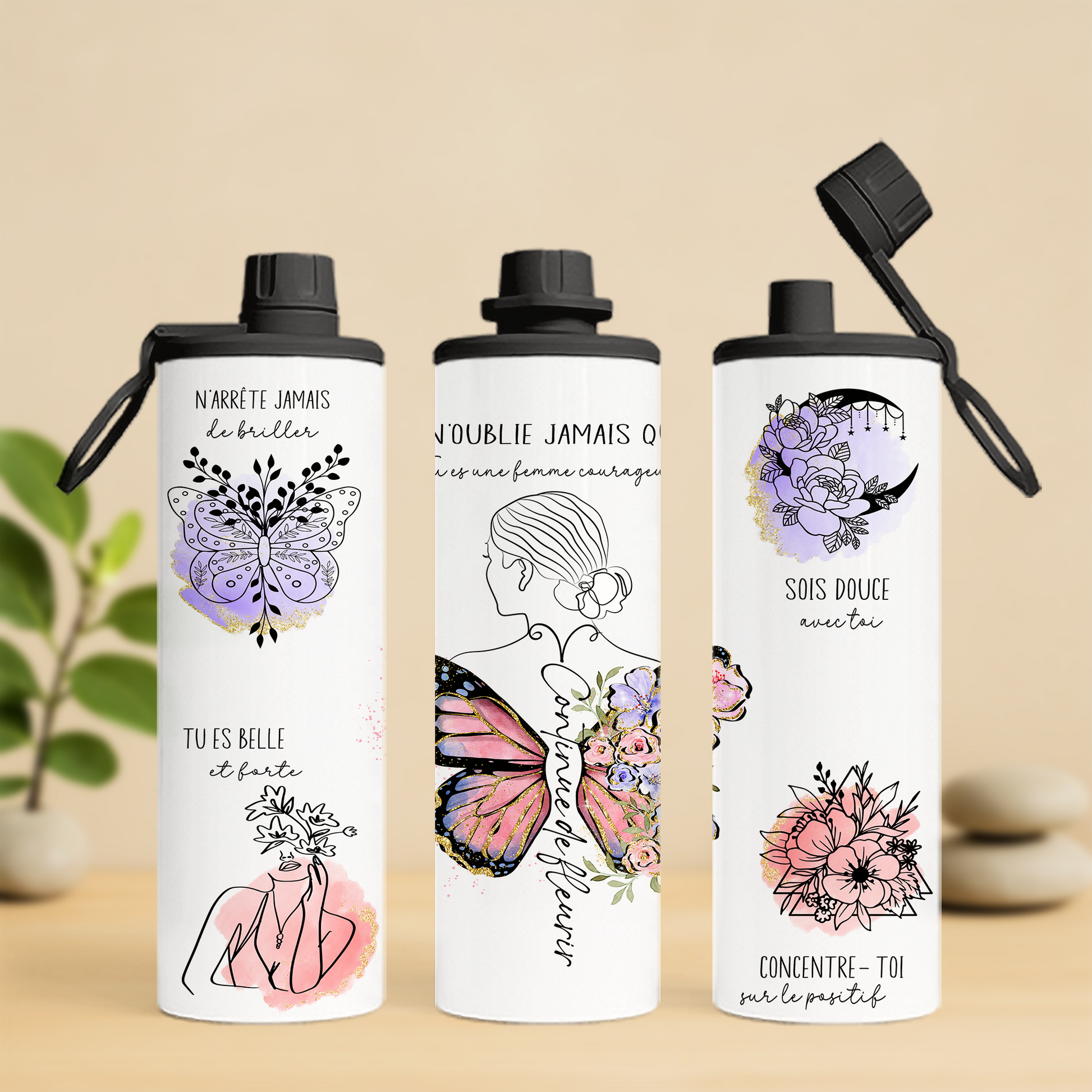 Bouteille isotherme 20 oz , féminine , affirmation positive