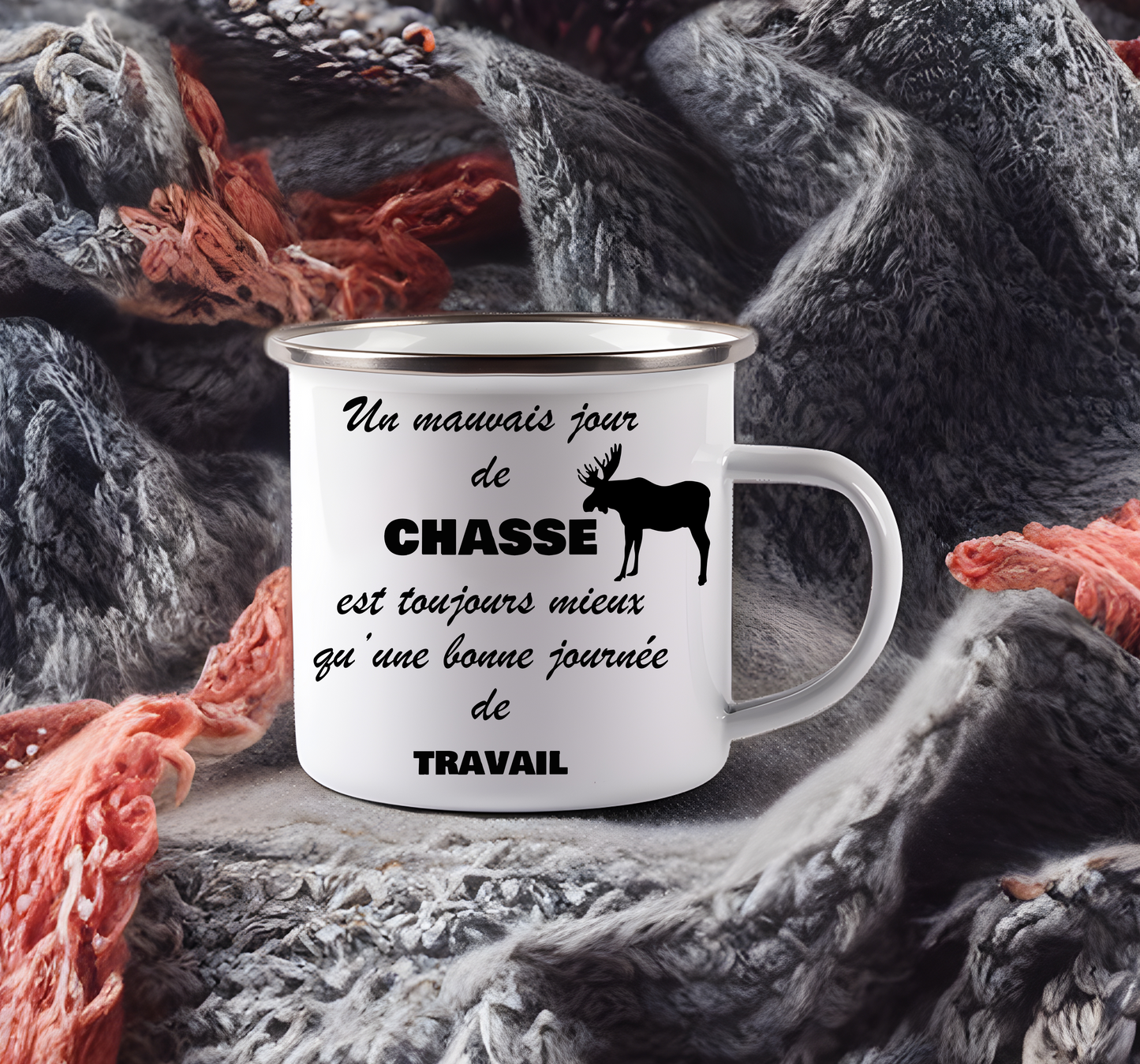 Tasse en émail, une mauvaise journée de chasse, orignal