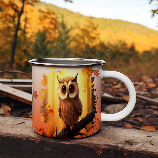 Tasse en émail 12 oz, Hibou d'automne
