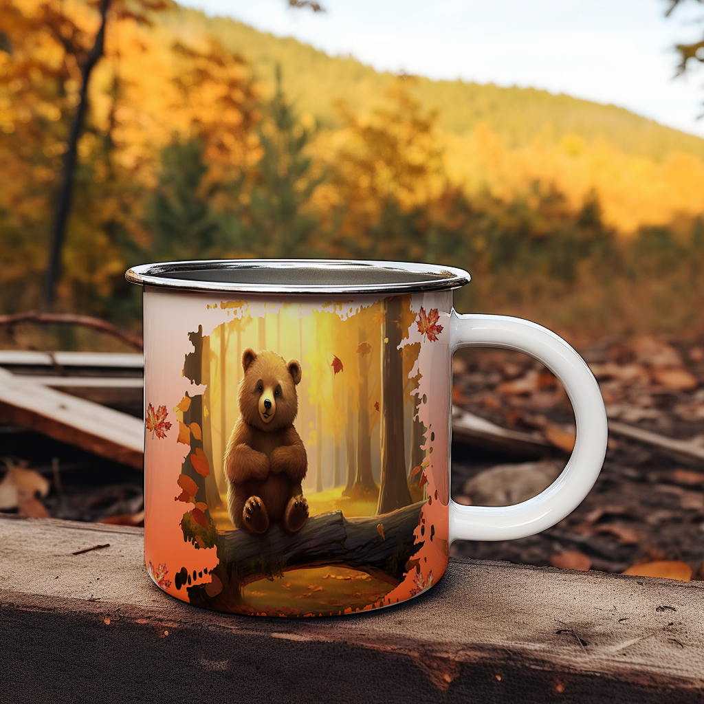 Tasse en émail 12 oz, Ours automne