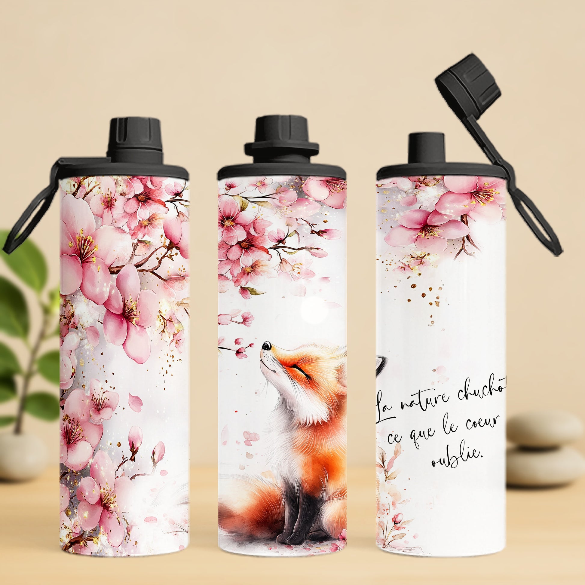 bouteille isotherme 20 oz, renard et fleur