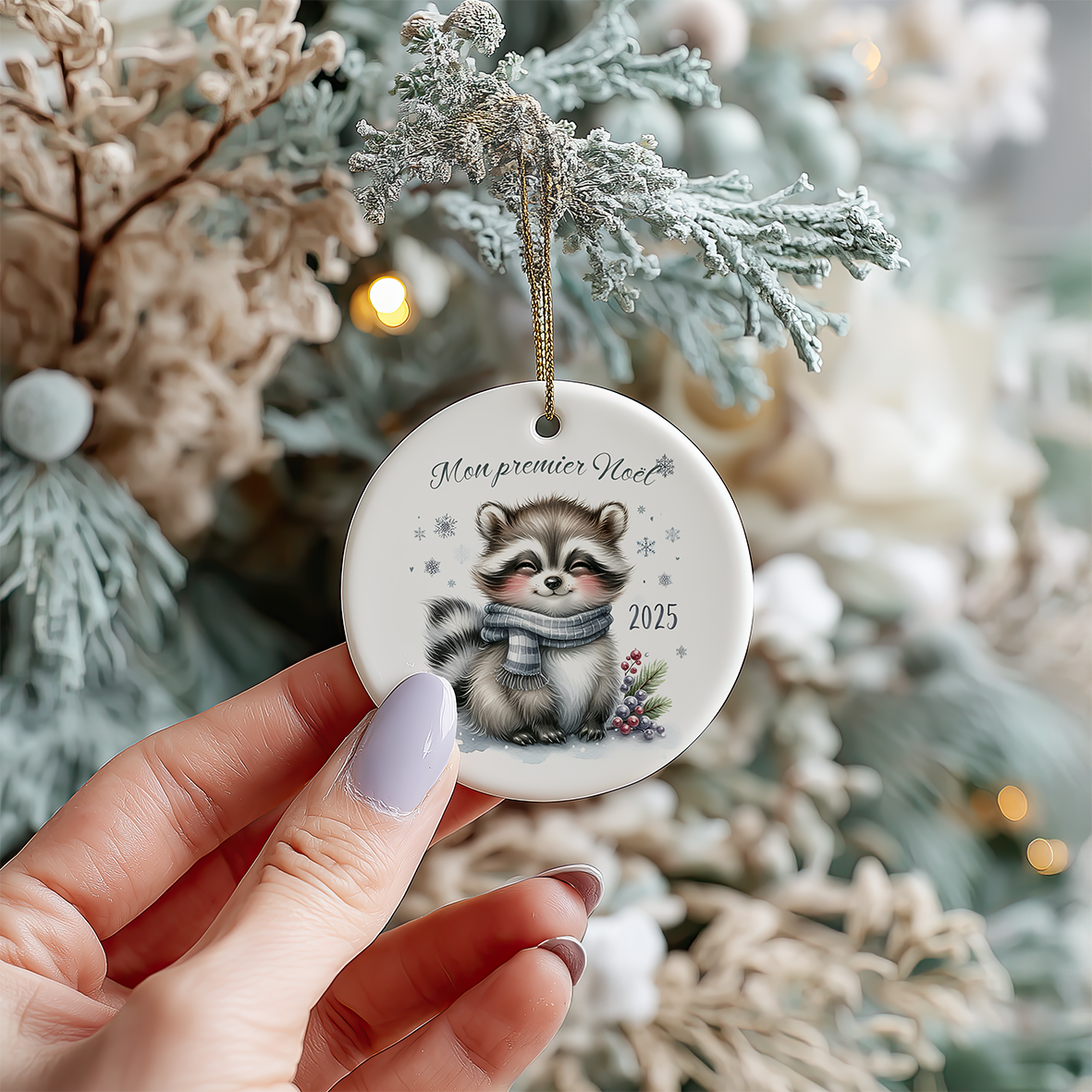 ornement en céramique, mon premier noël, raton-laveur