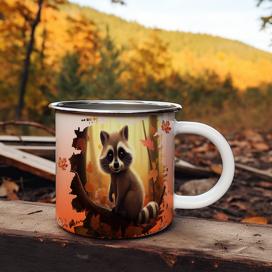 Tasse en émail 12 oz, Raton laveur d'automne