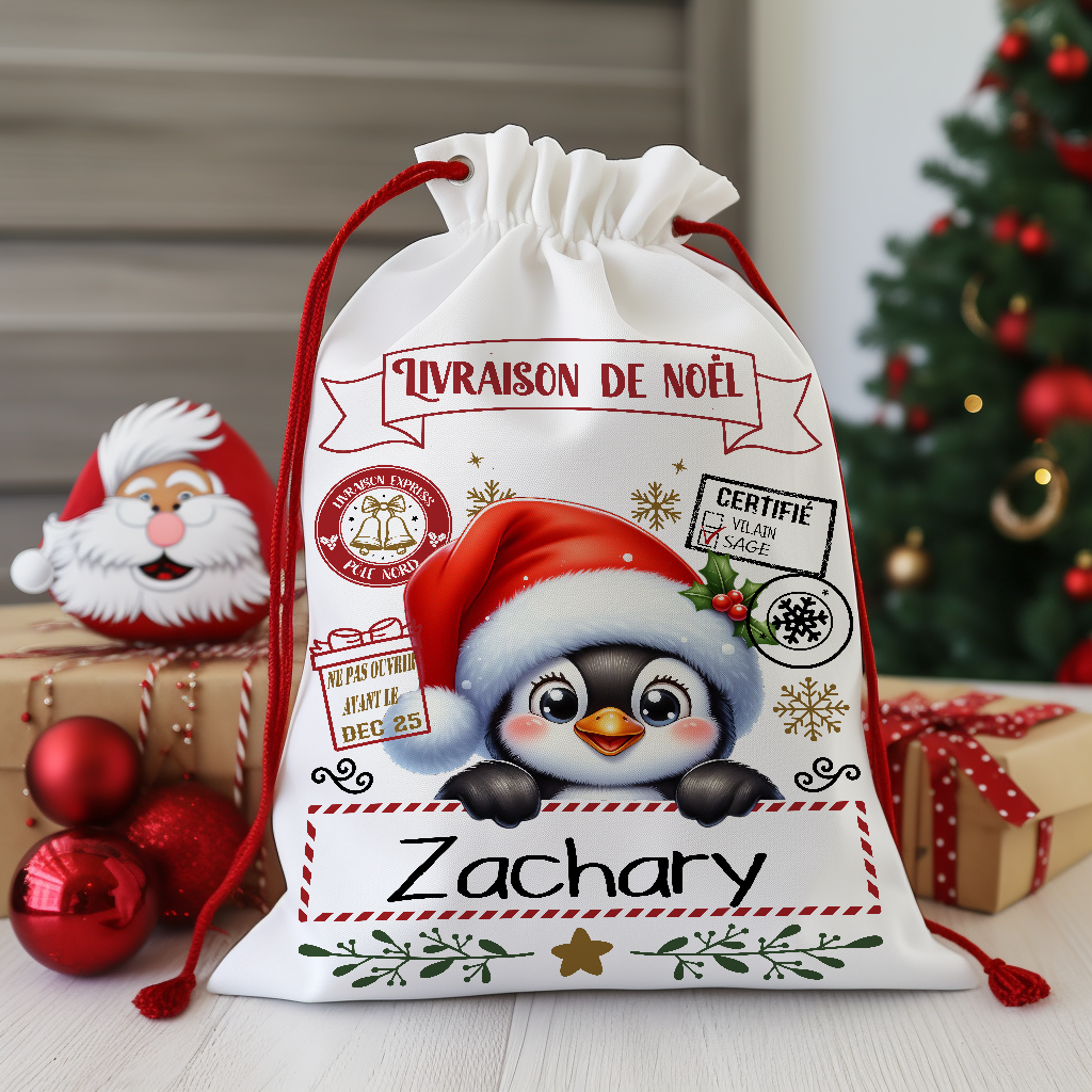 sac père noël, hotte du père noël, pingouin