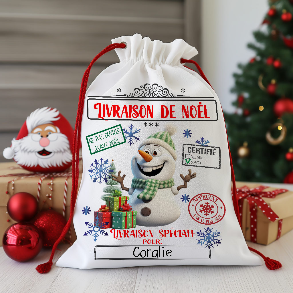 sac du père noël bonhomme de neige, hotte du père noël, cadeaux