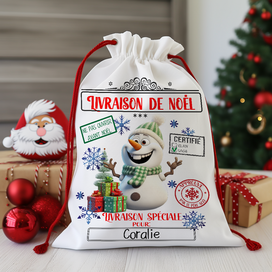 sac du père noël bonhomme de neige, hotte du père noël, cadeaux