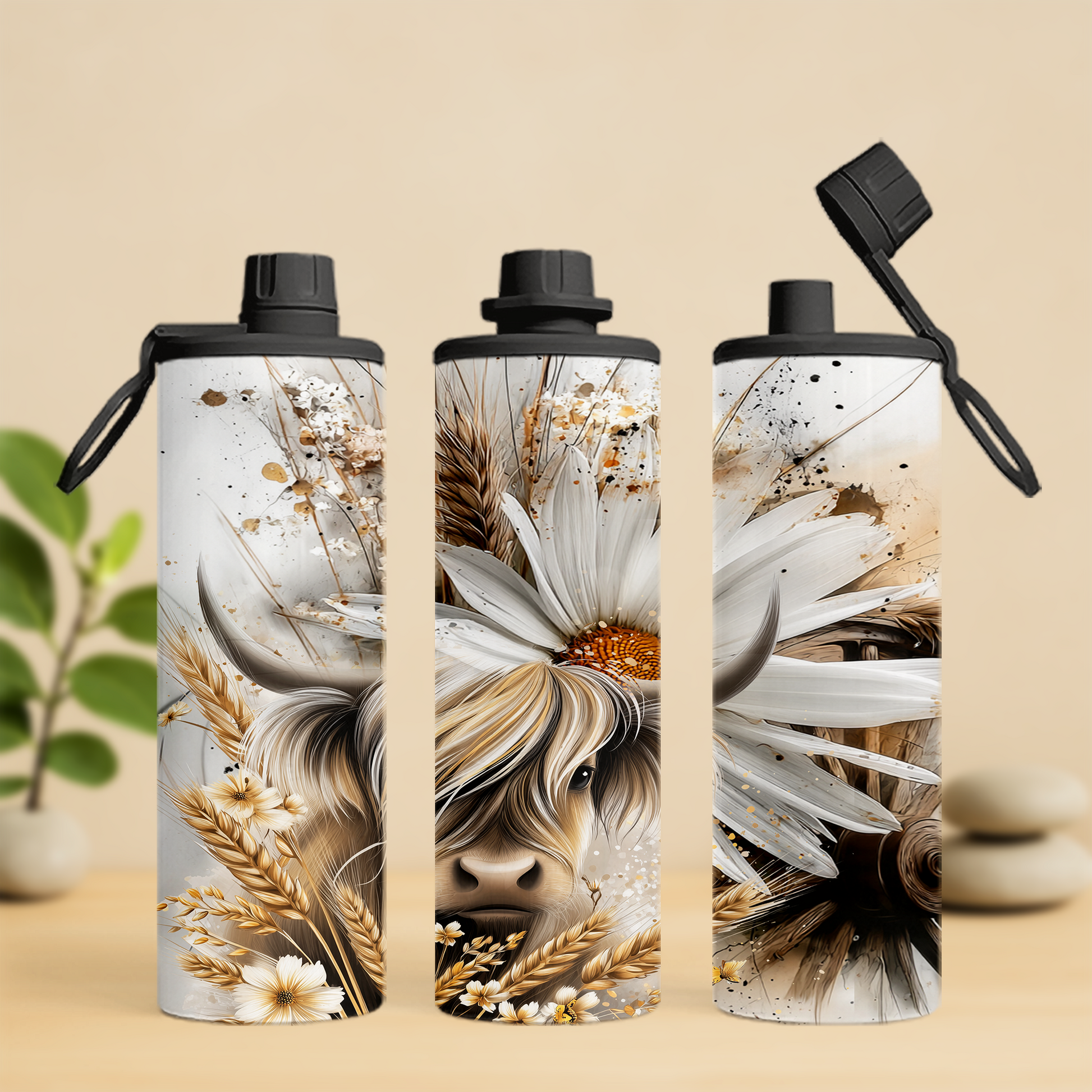 bouteille isotherme 20 oz vache highland et marguerites
